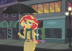 Size: 3884x2736 | Tagged: artist needed, safe, sunset shimmer, equestria girls, g4, alternate clothes, clothes, female, high res, night, rain, scarf, solo, streetlight, umbrella