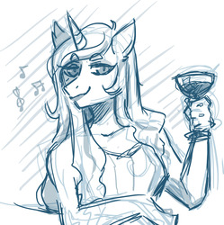 Size: 1280x1285 | Tagged: safe, artist:mscootaloo, trixie, anthro, g4, alcohol, asksketchytrixie, drink, female, monochrome, music notes, sketch, solo, wine