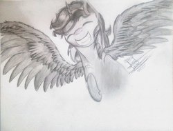 Size: 1024x779 | Tagged: safe, oc, oc only, alicorn, pony, alicorn oc, black and white, commission, eyes closed, flying, grayscale, monochrome, smiling, solo, traditional art