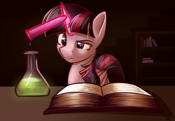 Size: 4300x2975 | Tagged: safe, artist:rubywave32, twilight sparkle, alicorn, pony, g4, book, erlenmeyer flask, female, glowing horn, horn, magic, science, solo, telekinesis, twilight sparkle (alicorn)