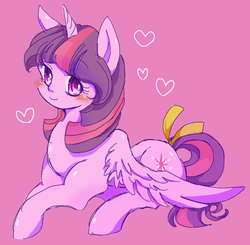 Size: 510x500 | Tagged: safe, artist:tsukuda, twilight sparkle, alicorn, pony, g4, blushing, colored pupils, cute, female, heart, looking at you, mare, pixiv, purple background, simple background, smiling, solo, tail bow, twiabetes, twilight sparkle (alicorn)