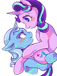 Size: 450x594 | Tagged: safe, artist:tsukuda, starlight glimmer, trixie, pony, unicorn, g4, blushing, carrying, female, floppy ears, holding, holding a pony, lesbian, lifting, looking at each other, looking down, looking up, mare, pixiv, ship:startrix, shipping, simple background, sweat, white background