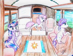 Size: 1020x784 | Tagged: safe, artist:scarlett-letter, pinkie pie, spoiled rich, twilight sparkle, alicorn, pony, g4, book, commission, couch, open mouth, reading, rug, sitting, smiling, traditional art, train, twilight sparkle (alicorn), window