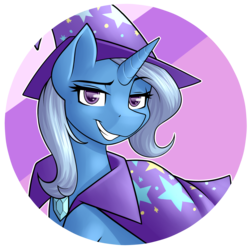 Size: 2800x2800 | Tagged: safe, artist:rubywave32, trixie, pony, unicorn, g4, button, female, grin, high res, lidded eyes, looking at you, smiling, smirk, solo