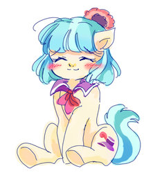 Size: 420x449 | Tagged: safe, artist:tsukuda, coco pommel, earth pony, pony, g4, blushing, cocobetes, cute, eyes closed, female, pixiv, simple background, sitting, smiling, solo, white background
