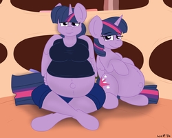 Size: 1500x1200 | Tagged: safe, artist:theimmortalwolf, twilight sparkle, alicorn, anthro, unguligrade anthro, g4, belly, belly button, breasts, cleavage, duality, female, outie belly button, pregnant, self ponidox, twilight sparkle (alicorn)