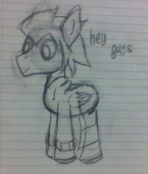 Size: 473x555 | Tagged: safe, artist:darwinsoft, rumble, pegasus, pony, g4, clothes, dialogue, hoodie, lined paper, male, older, pencil drawing, smiling, socks, solo, striped socks, traditional art