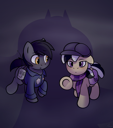 Size: 1024x1152 | Tagged: safe, artist:whitepone, oc, oc only, oc:hard boiled, oc:sweet shine, fanfic:starlight over detrot: a noir tale, clothes, costume, fanfic, fanfic art, implied nightmare moon, nightmare night, shadow