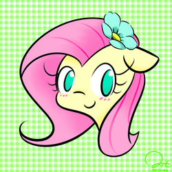Size: 1000x1000 | Tagged: safe, artist:aitureria, fluttershy, pony, g4, blushing, bust, cute, female, flower, flower in hair, looking at you, no pupils, simple background, smiling, solo