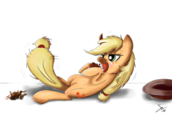 Size: 3000x2000 | Tagged: safe, artist:shogundun, applejack, earth pony, pony, g4, apple, eating, female, food, giant pony, high res, macro, on back, open mouth, solo, tail wag