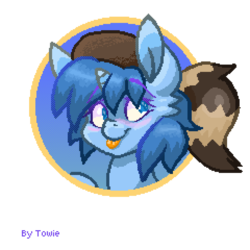 Size: 720x720 | Tagged: safe, artist:towmacow, oc, oc only, oc:meno, pony, pony town, coonskin cap, pixel art, simple background, solo, tongue out, transparent background