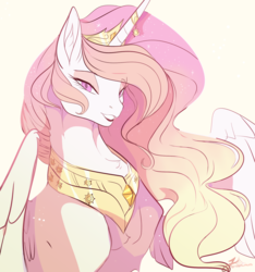 Size: 1280x1369 | Tagged: dead source, safe, artist:clockworkquartet, princess celestia, alicorn, pony, g4, bedroom eyes, bust, collar, colored pupils, crown, eyeshadow, female, fluffy, grin, horn, horn jewelry, jewelry, looking at you, makeup, mare, necklace, open mouth, pink mane, pink-mane celestia, regalia, signature, simple background, smiling, solo, spread wings