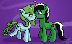 Size: 2043x1264 | Tagged: safe, artist:sketchydesign78, oc, oc only, oc:racer hooves, oc:sketchy design, blushing, couple, cute, heart, kissing, male, signature, simple background, smooch, straight