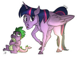 Size: 950x720 | Tagged: safe, artist:shimazun, spike, twilight sparkle, alicorn, pony, g4, disney style, duo, style emulation, twilight sparkle (alicorn)