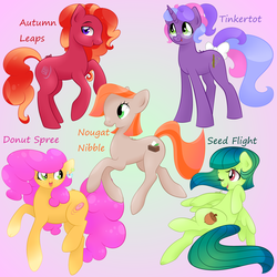 Size: 2000x2000 | Tagged: safe, artist:orcakisses, oc, oc only, oc:autumn leap, oc:donut spree, oc:nougat nibble, oc:seed flight, oc:tinkertot, earth pony, pegasus, pony, unicorn, high res