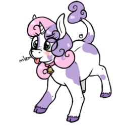 Size: 748x805 | Tagged: safe, anonymous artist, sweetie belle, cow, g4, 4chan, :p, bell, blushing, cloven hooves, colored, cowbell, cowbelle, cute, diasweetes, drawthread, female, milka, mlem, nose wrinkle, onomatopoeia, simple background, smiling, solo, species swap, tongue out, white background