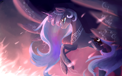 Size: 2560x1600 | Tagged: dead source, safe, artist:gianghanz, princess luna, g4, female, flying, scenery, smiling, solo