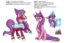 Size: 1659x1080 | Tagged: safe, artist:torusthescribe, idw, masked matter-horn, pony, unicorn, g4, female, magic, mare, masked matter-horn costume, paper, power ponies, quill, reference sheet, snowy summit