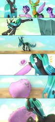 Size: 917x2048 | Tagged: safe, artist:hosikawa, queen chrysalis, spike, starlight glimmer, thorax, twilight sparkle, oc, oc:fluffle puff, alicorn, changedling, changeling, pony, g4, to where and back again, angry, blushing, canon x oc, cliff, cloud, comic, crying, eyes closed, female, floppy ears, frown, good end, king thorax, lesbian, male, mare, open mouth, ship:chrysipuff, shipping, smiling, spread wings, sweat, sweatdrop, twilight sparkle (alicorn), underhoof