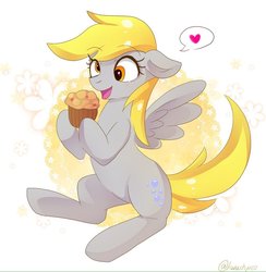 Size: 1024x1049 | Tagged: safe, artist:hosikawa, derpy hooves, pegasus, pony, g4, female, floppy ears, food, heart, mare, muffin, solo, speech bubble, spoken heart