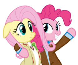 Size: 1262x1066 | Tagged: safe, fluttershy, pinkie pie, g4, blazer, bowtie, celery stalk (food), clothes, cosplay, costume, doctor who, eleventh doctor, fifth doctor, frock coat, jumper, matt smith, peter davison, shirt, tweed, x x everywhere