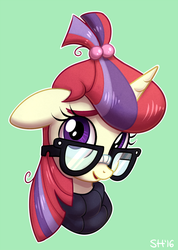Size: 684x961 | Tagged: safe, artist:sorcerushorserus, moondancer, pony, unicorn, g4, adorkable, bust, clothes, cute, dancerbetes, dork, female, floppy ears, glasses, looking at you, mare, meganekko, open mouth, portrait, shy, simple background, smiling, solo, sweater
