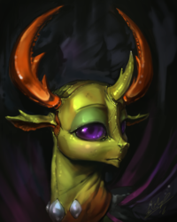 Size: 1080x1350 | Tagged: safe, artist:assasinmonkey, thorax, changedling, changeling, g4, to where and back again, bust, frown, head only, king thorax, lidded eyes, looking at you, male, signature, solo, spread wings