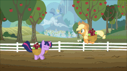 Size: 1000x563 | Tagged: safe, edit, edited screencap, screencap, applejack, twilight sparkle, earth pony, pony, unicorn, season 1, the ticket master, animated, apple, apple tree, applejack's hat, basket, cowboy hat, cute, excited, eyes closed, female, food, freckles, gif, happy, hat, jackabetes, jumping, loop, mare, open mouth, tree, twiabetes, unicorn twilight