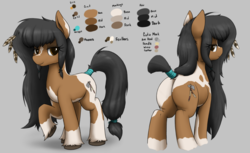 Size: 1800x1102 | Tagged: safe, artist:anearbyanimal, oc, oc only, oc:little hawk, earth pony, pony, body markings, butt, dock, earth pony oc, feather, native american, plot, reference sheet, solo, spotted, tail wrap, tomahawk, unshorn fetlocks