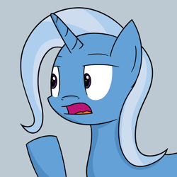 Size: 1600x1600 | Tagged: safe, artist:joey, trixie, pony, unicorn, g4, bust, female, gray background, lidded eyes, looking at something, open mouth, portrait, raised hoof, simple background, solo