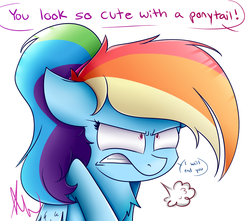 Size: 1000x883 | Tagged: safe, artist:vanillashineart, rainbow dash, pegasus, pony, g4, alternate hairstyle, angry, cute, dialogue, ears back, female, i'm not cute, mare, ponytail, snorting, solo