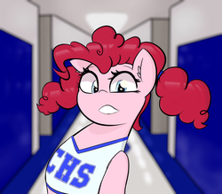 Size: 1300x1141 | Tagged: safe, artist:pinkiesheen, pinkie pie, g4, alternate hairstyle, bust, canterlot high, cheerleader, cheerleader pinkie, cute, diapinkes, ear fluff, female, high school, pigtails, solo