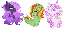 Size: 4695x1901 | Tagged: safe, artist:kittii-kat, oc, oc only, oc:pippin apple, oc:shattered gem, oc:shimmering star, hybrid, bust, colored pupils, interspecies offspring, magical lesbian spawn, offspring, parent:braeburn, parent:rainbow dash, parent:rarity, parent:twilight sparkle, parents:braedash, parents:rarilight, parents:spiluna, portrait