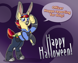 Size: 1239x1000 | Tagged: safe, artist:wiggles, oc, oc only, oc:special delivery, pony, bipedal, clothes, costume, equestrian post, halloween, judy hopps, salute, solo, speech bubble, zootopia