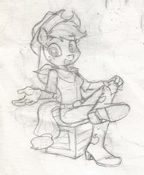 Size: 434x530 | Tagged: safe, artist:dertikleen, applejack, earth pony, anthro, plantigrade anthro, g4, applejack's hat, bandana, boots, cowboy hat, crate, female, grayscale, hat, monochrome, shoes, simple background, sitting, solo, traditional art, white background