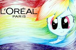 Size: 2048x1337 | Tagged: safe, artist:liaaqila, rainbow dash, equestria girls, g4, colorful, cute, dashabetes, female, l'oréal, looking at you, model, rainbowlicious, solo, traditional art