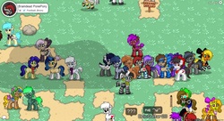 Size: 1440x783 | Tagged: safe, double diamond, oc, oc:milky way, oc:seafood dinner, oc:sign, pony, pony town, g4, clothes, derp, female, mare, open mouth, screenshots, socks, striped socks