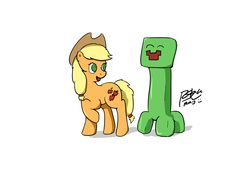 Size: 2560x1920 | Tagged: safe, artist:pwnagespartan, applejack, earth pony, pony, g4, creeper, cute, drawing, duo, minecraft, simple, smiling