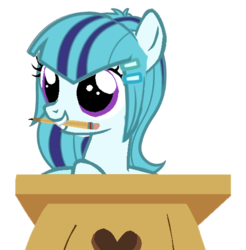 Size: 619x630 | Tagged: safe, artist:trixiesparkle63, sonata dusk, equestria girls, g4, cute, desk, equestria girls ponified, female, mouth hold, pencil, ponified, simple background, solo, sonatabetes, transparent background