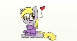Size: 1366x728 | Tagged: safe, artist:littleflaky, derpy hooves, pony, g4, clothes, cute, derpabetes, female, heart, silly, silly pony, simple background, solo, sweater, tongue out