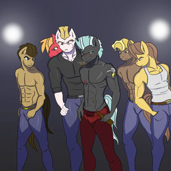 Size: 1024x1025 | Tagged: safe, artist:nwinter3, big macintosh, bulk biceps, caramel, doctor whooves, thunderlane, time turner, anthro, g4, abs, bottle, cigarette, clothes, crossover, fight club, jeans, male, pants, partial nudity, scene interpretation, shirt, smoking, stallion, tank top, topless