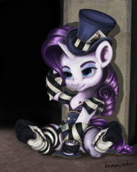 Size: 2800x3500 | Tagged: safe, artist:beamsaber, rarity, g4, borderlands, clothes, cosplay, costume, female, high res, hoof boots, mad moxxi, sitting, solo