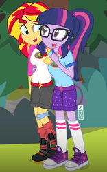 Size: 625x1000 | Tagged: safe, artist:dm29, sci-twi, sunset shimmer, twilight sparkle, equestria girls, g4, my little pony equestria girls: legend of everfree, boots, clothes, converse, cute, duo, glasses, julian yeo is trying to murder us, shimmerbetes, shoes, shorts, sneakers, socks, twiabetes