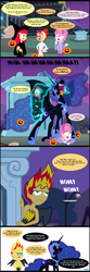 Size: 1499x4495 | Tagged: safe, artist:bbbhuey, apple bloom, nightmare moon, princess luna, scootaloo, sunset shimmer, sweetie belle, alicorn, pony, equestria girls, g4, clothes, comic, costume, cutie mark crusaders, female, fetish, imminent vore, implied vore, lunapred, mare, micro, nightmare night, open mouth, pointy people, pointy ponies, scootachicken, shrinking, sunset satan, tongue out, uvula, witch