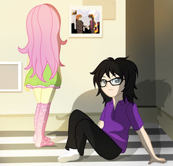 Size: 2470x2377 | Tagged: safe, artist:sumin6301, fluttershy, oc, oc:sumin, equestria girls, g4, away from viewer, clothes, cloud, duo, equestria girls-ified, glasses, high res, looking at you, missing shoes, photo, rear view, sitting, skirt, socks, tank top