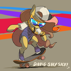 Size: 5600x5600 | Tagged: safe, artist:docwario, fluttershy, pony, g4, abstract background, absurd resolution, backwards ballcap, balancing, bipedal, cap, clothes, female, gold chains, hat, shiny, skateboard, skateboarding, solo, sunglasses, watch, wristwatch