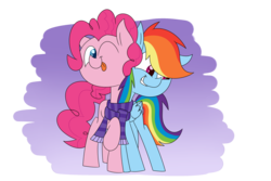 Size: 2743x1828 | Tagged: safe, artist:supercoco142, pinkie pie, rainbow dash, earth pony, pegasus, pony, g4, clothes, duo, female, lesbian, mare, one eye closed, raised hoof, scarf, shared clothing, shared scarf, ship:pinkiedash, shipping, simple background, smiling, tongue out, transparent background, wink