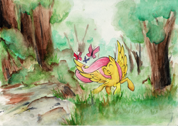 Size: 2000x1417 | Tagged: safe, artist:ecmonkey, fluttershy, butterfly, g4, eyes closed, female, forest, prancing, smiling, solo, spread wings, traditional art, watercolor painting