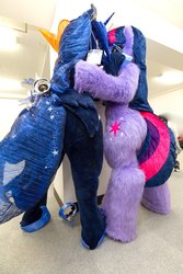 Size: 1365x2048 | Tagged: safe, artist:kolshica, artist:tashiroyu, artist:toki, princess luna, twilight sparkle, human, g4, butt, clothes, cosplay, costume, fursuit, implied twiluna, irl, irl human, photo, plot