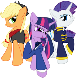 Size: 1800x1800 | Tagged: safe, artist:geraritydevillefort, applejack, rarity, twilight sparkle, alicorn, pony, the count of monte rainbow, g4, clothes, danglajacks, danglars, looking back, monsparkle, rarifort, simple background, smiling, the count of monte cristo, transparent background, twilight sparkle (alicorn), villefort